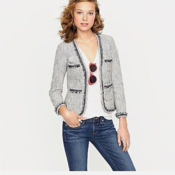 J Crew Terrazzo Fringe Trim Linen Blend Tweed Blazer size 8 New - Picture 2 of 11